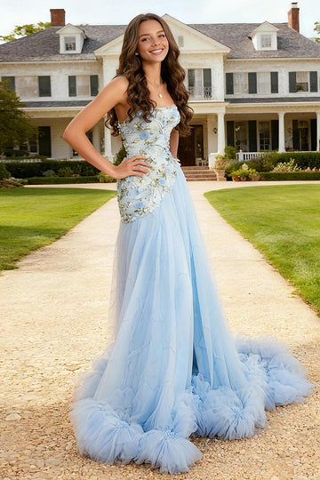 Strapless A Line Ruffled Sky Blue Prom Dress with Appliques